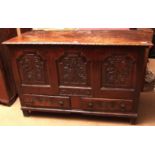 18th century and later carved oak blanket box, of rectangular form, the lifting lid enclosing a void