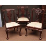 Harlequin set of ten (6 + 4) dining chairs, comprises six in the manner of Shoolbred with ribbon