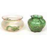 Decorative small green tinted studio glass baluster vase of lobed form, possibly Loetz, together