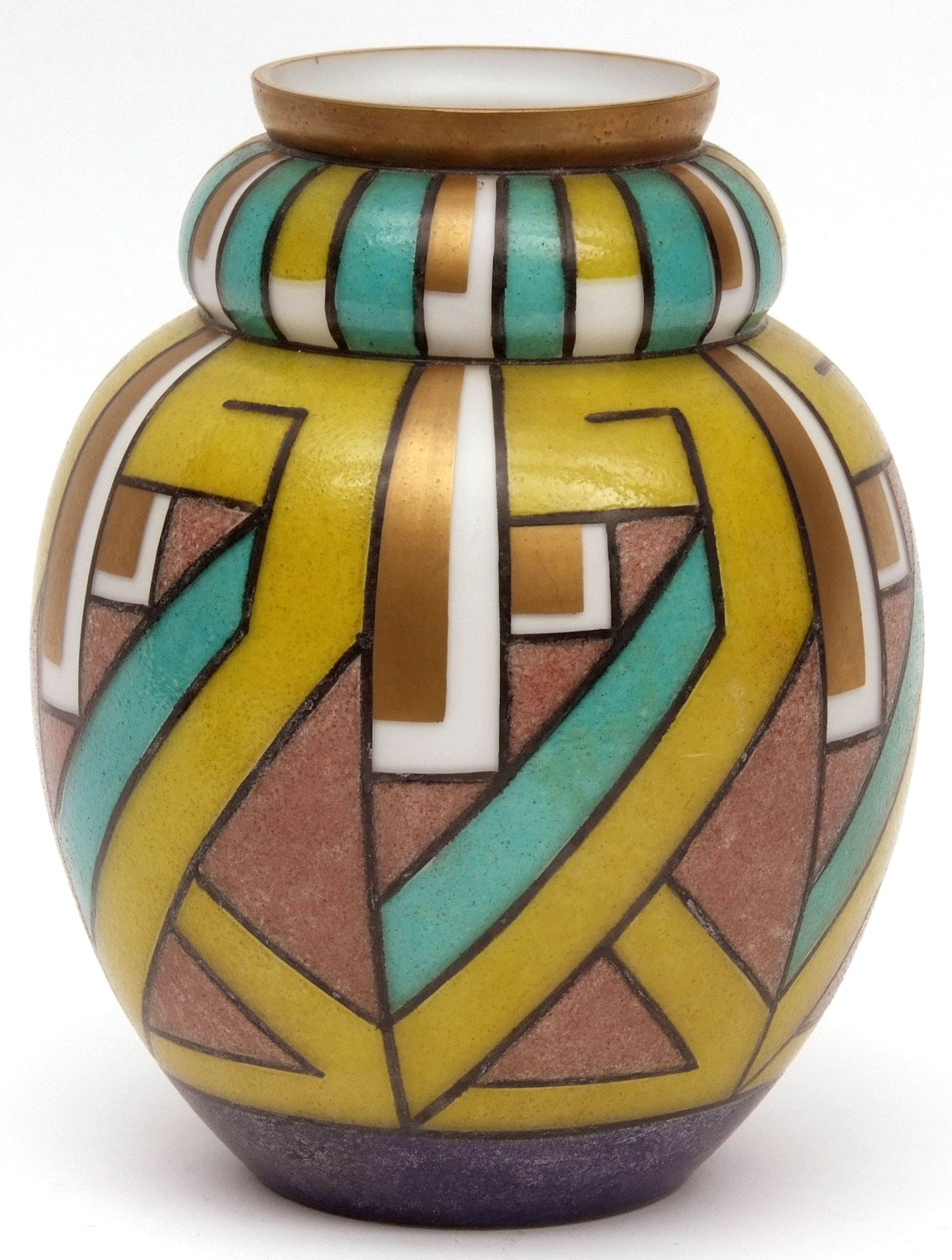 Art Deco style painted glass baluster vase, brightly decorated in colours with geometric design with