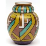 Art Deco style painted glass baluster vase, brightly decorated in colours with geometric design with