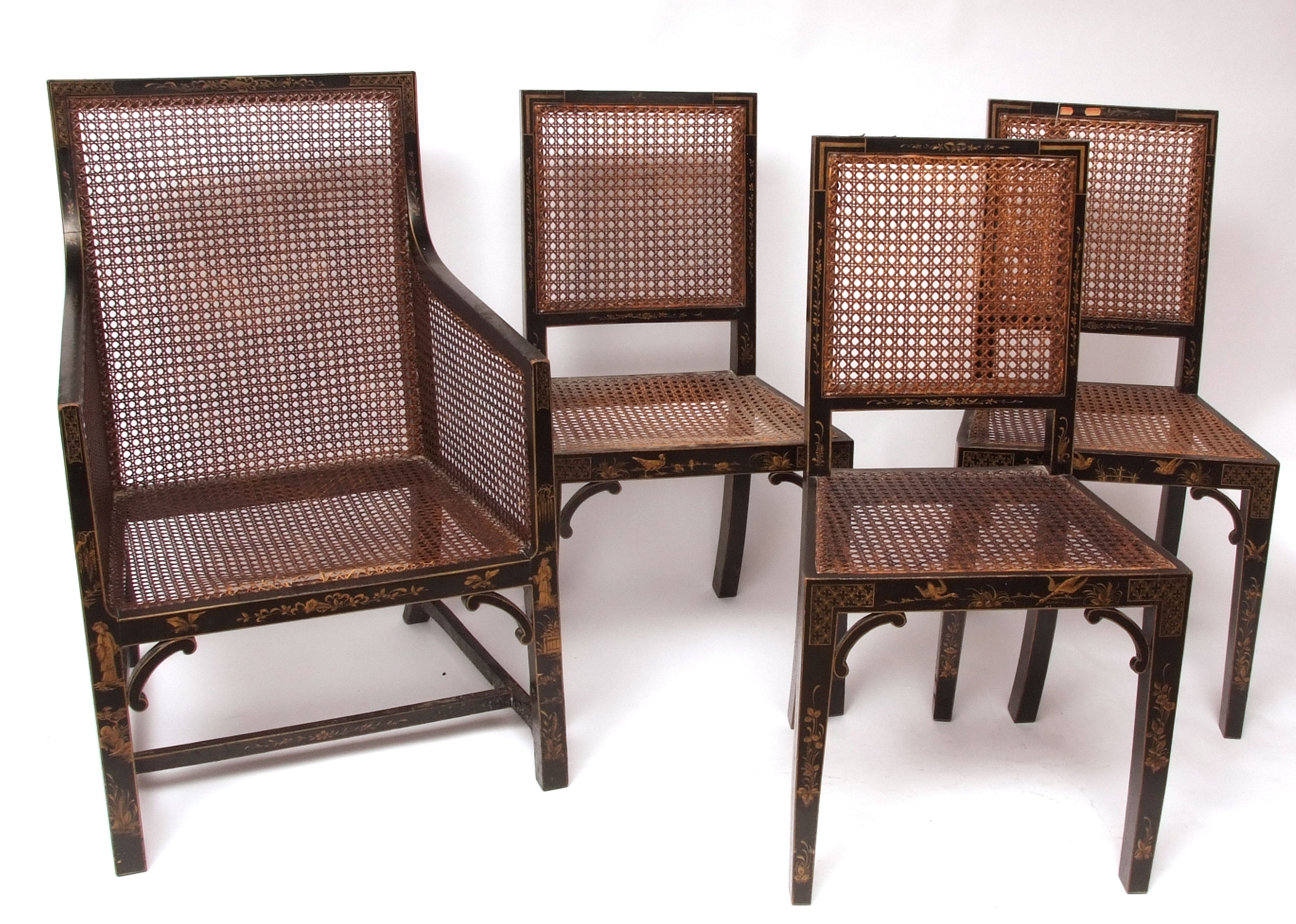 Chinoiserie Bergere armchair and three similar dining chairs