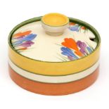 Clarice Cliff Crocus cylindrical covered preserve pot, the body decorated with a plain banded