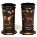 Pair of 19th century papier m ch pedestal cylinder vases, each painted in colours with dogs within