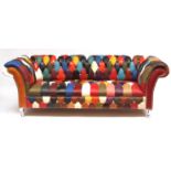 Buttoned and studded chrome-foot patchwork Chesterfield sofa, modern, 86" long