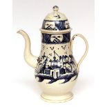 18th century English large covered coffee pot, decorated in underglaze blue with a dolls house