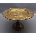 Musterschutz, a heavy brass tazza decorated with Grecian style figures, 9 1/2" diameter