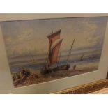 Unsigned 19th century watercolour study, Beached fishing boat, 10 1/2 x 7 ins in gilt frame