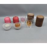 Mixed Lot: two Mary Gregory glass beakers in fitted leather cases, together with a pair of further