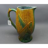 Large late 19th century Majolica jug, formed as corn on the cob, 11" high, unsigned