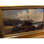 Unsigned oil on board, Fishing boat on rocks in contemporary gilt frame, 9 x 6 ins