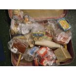 Case containing various vintage dolls, doll's furniture, doll accessories, packs of cards etc