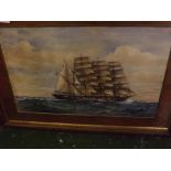 Baddeley, watercolour study, four-masted ship on rough seas, 22 x 13 ins