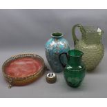 Mixed Lot: comprising a polished hard stone and brass mounted bottle stand, two decorated green