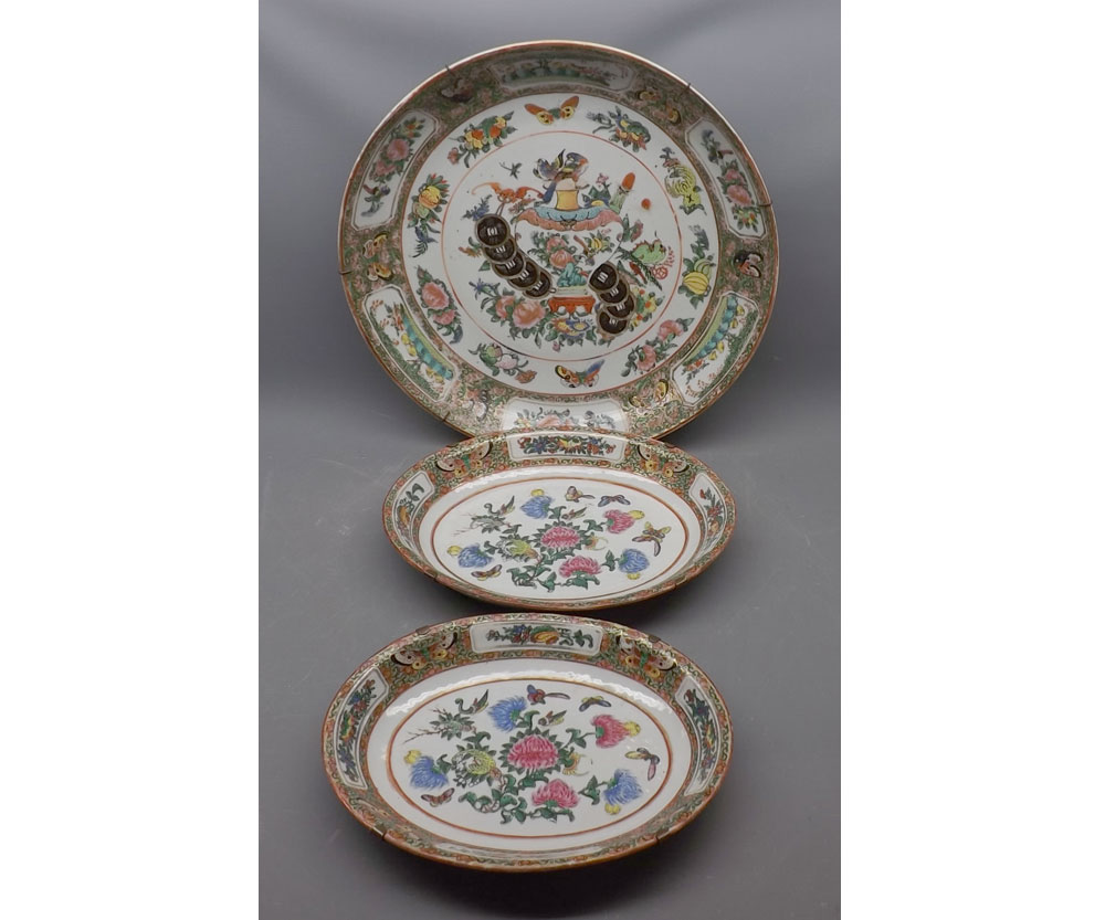 Mixed Lot: two 19th century Chinese oval Canton style dishes, together with a further circular