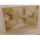 Unsigned, watercolour study, River scene with bridge, 10 x 14 ins in contemporary gilt frame