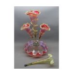 Victorian cranberry and Vaseline glass four branch epergne vase, of typical form, 15 1/2" high