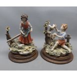 Pair of modern Naples Capo di Monte figures of young boy and girl raised on plinth bases