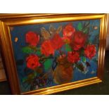 20th century Russian School, group of three contemporary gilt framed oils comprising two floral