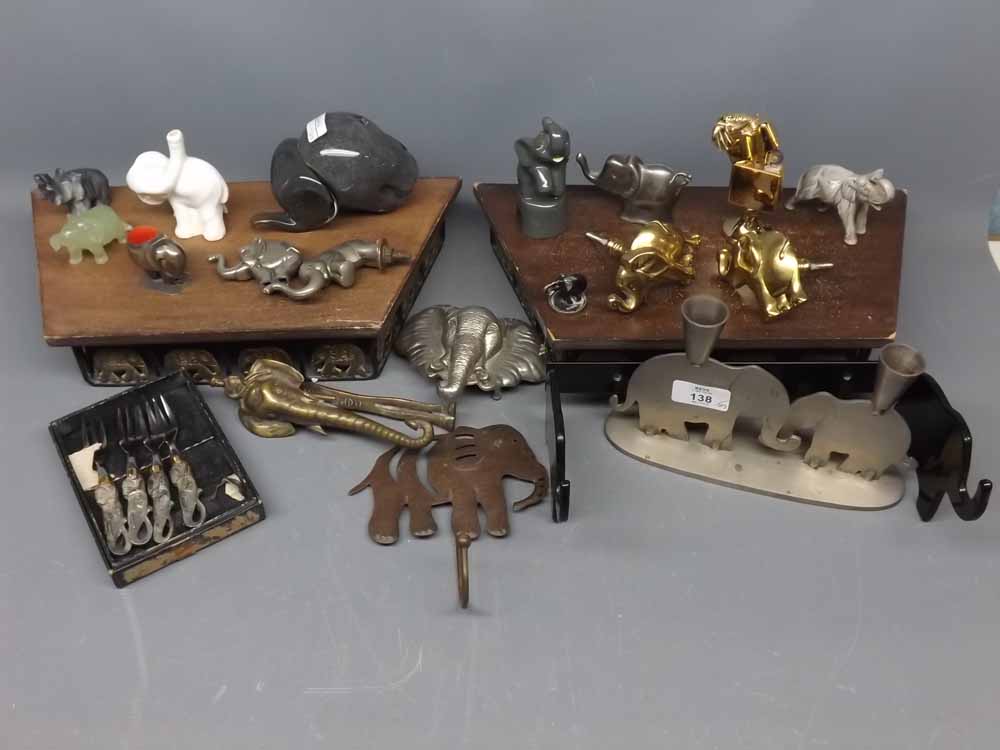 Collection of various novelty elephant wares to include metal door fixings formed as elephants