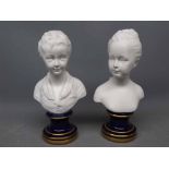 Pair of 20th century Limoges busts of young male and female figures, marked to base "Meissner