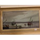 R J Scott, contemporary oil on board study, Moored finishing boats, 11 x 24 ins