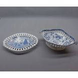 19th century English blue and white double-handled basket and related stand, 10" wide, unsigned