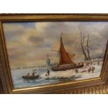 Matzom, contemporary oil on board, Dutch winter riverside scene, 5 x 7 ins