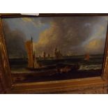 19th century oil on panel study, Fishing boats off coast, unsigned, in heavy gilt foliate mounted