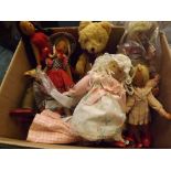 Collection of various small wooden dolls, small vintage teddy bear etc