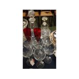 Mixed Lot: 20th century glass wares to include pair of ruby champagne flutes, three decanters and