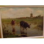 Austin Moore, oil on canvas study, Cattle watering with distant windmill, 16 x 12 ins