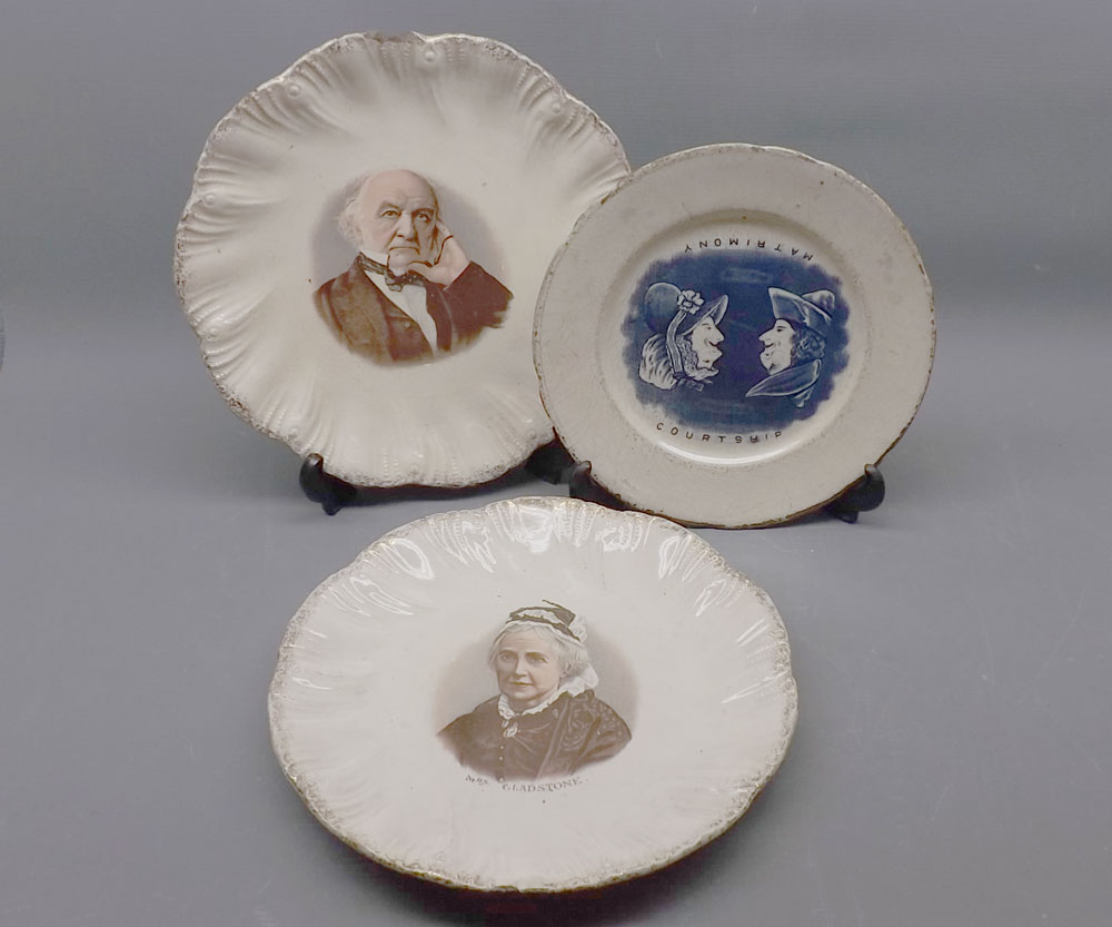 Mixed lot comprising pair of plates, Gladstone and Mrs Gladstone, further comical plate "