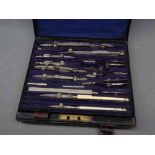 Cased set of drawing instruments, the interior marked "W H Harling, Mathematical instrument