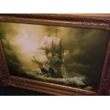 R H DEAN, contemporary oil painting on canvas, Three-masted ship on rough seas, in contemporary gilt