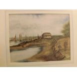 P Edward Hyde, watercolour study, Quayside scene with figures, 9 1/2 x 9 ins