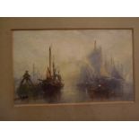 Unsigned 19th century watercolour study, Moored Boats, 8 1/2 x 5 1/2 ins, framed and glazed