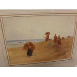 R Douglas, signed watercolour study, Seaweed Gatherers, 10 x 14 ins in contemporary gilt finish