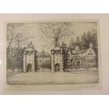 After Swoffer, framed etching, Lion Gates, Welbeck Abbey, 10 x 7 1/2 ins