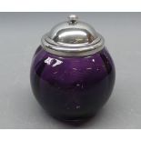 Small amethyst glass and silver topped jar with hinged lid, 4" high