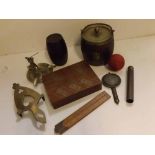 Box: various mixed wares to include oak biscuit barrel, brass trivet, wooden card case etc