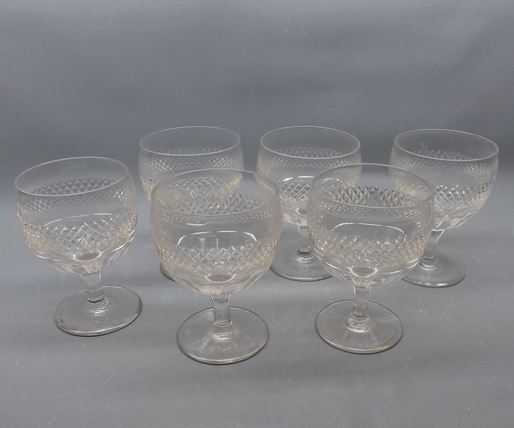 Set of six 19th century clear glass Rummer type glasses with hobnail decoration, approx 6" high