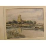 P Edward Hyde, watercolour study, Church by riverside, 11 x 9 ins