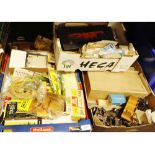 Three boxes of assorted, mostly 'O' gauge parts and accessories for locomotives and layout