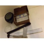 Box: mixed wares to include slide rule, vintage compass etc