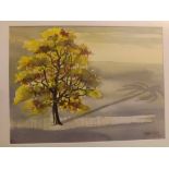 20th century Cuban School, watercolour study, Autumn Tree with surreal shadow, 14 x 10 1/2 ins