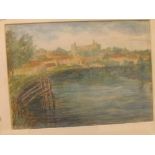 Maia Bond, watercolour study, River scene with distant town, 12 1/2 x 9 ins
