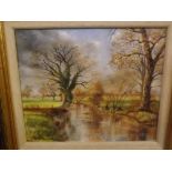 Des Allen, two oil on canvas studies, Winter River and further woodland scene, both in gilt frames