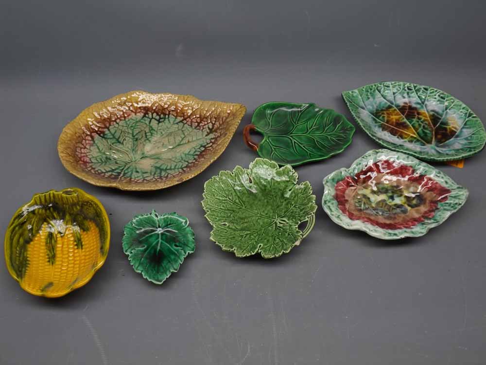 Mixed Lot: various 19th Century and later Majolica and other Leaf Ware Dishes, seven pieces in