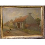 J A Ness, oil on board study, 19th century rural street scene with chickens in foreground, 13 x 10